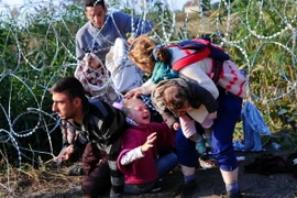 Người di cư vượt qua hàng rào dây thép gai gần Roszke, giáp giới Serbia ngày 27/8. (Nguồn: AFP/TTXVN) 