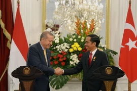 Tổng thống Indonesia Joko Widodo (phải) và Tổng thống Thổ Nhĩ Kỳ Recep Tayyip Erdogan tại cuộc họp báo sau cuộc gặp. (Nguồn: AFP/TTXVN)