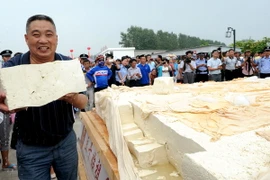 Một thực khách vui mừng với miếng đậu phụ miễn phí được xẻ từ miếng đậu phụ khổng lồ. (Nguồn: Reuter/TTXVN) 