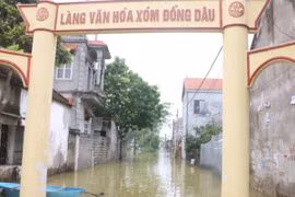 Cả thôn ngập trong nước, người dân phải di chuyển bằng xuồng. (Ảnh: Sơn Bách/Vietnam+)