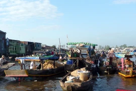 Cảnh buôn bán trên chợ nổi Cái Răng. (Ảnh: Mai Mai/Vietnam+)