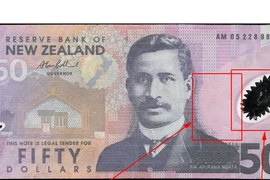 Tiền thật có hai cửa trong suốt, không giống đồng tiền giả này. (Ảnh: Đỗ Vân/Vietnam+)