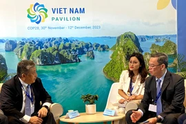 Chủ tịch Hội đồng quản trị VietinBank Trần Minh Bình và ông Koichiro Oshima, Giám đốc điều hành, Giám đốc Đơn vị Kinh doanh Giải pháp Tài chính, MUFG (trái) thảo luận về các cơ hội hợp tác trong lĩnh vực tài chính bền vững. (Ảnh: PV/Vietnam+)