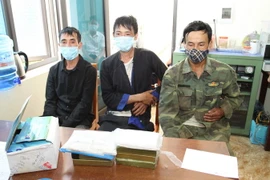 Ba đối tượng cùng tang vật vụ án. (Ảnh: Tuấn Anh/TTXVN)