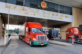 Các xe container chờ làm thủ tục xuất nhập khẩu tại cửa khẩu quốc tế đường bộ số II Kim Thành, tỉnh Lào Cai. (Ảnh: Quốc Khánh/TTXVN)