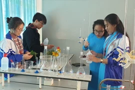 Nhóm học sinh Trường THPT Chuyên Hùng Vương, tỉnh Gia Lai sáng chế ra chế phẩm Combo-Far-Sup. (Ảnh: Hồng Điệp/TTXVN)