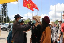 Kiểm tra thân nhiệt tại vườn hoa thành phố Đà Lạt. (Ảnh: Đặng Tuấn/TTXVN)