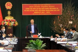 Ủy viên Trung ương Đảng, Bí thư Tỉnh ủy, Chủ tịch Ủy ban bầu cử tỉnh Hải Dương Phạm Xuân Thăng phát biểu tại hội nghị. (Ảnh: Mạnh Tú/TTXVN)