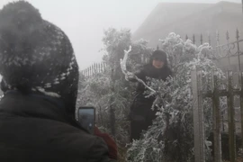 Khách du lịch hứng thú với băng tuyết tại Mẫu Sơn. (Ảnh: Quang Duy/TTXVN)