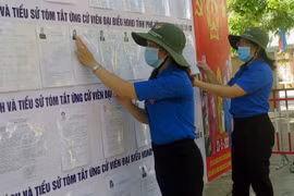 Các bạn Đoàn viên thanh niên phường 4, thành phố Tuy Hòa tình nguyện tham gia trang trí điểm bỏ phiếu bầu cử. (Ảnh: Xuân Triệu/TTXVN)