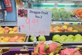 Thanh long Việt Nam bày bán tại một siêu thị thực phẩm của Việt Nam ở thành phố Melbourne, Australia. (Ảnh: Diệu Linh/TTXVN)