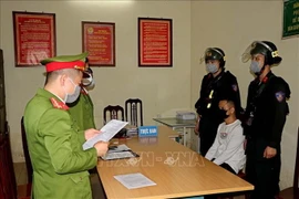 Cơ quan Công an tỉnh Hòa Bình đọc lệnh bắt tạm giam đối tượng Nguyễn Công Dũng. (Ảnh: Thanh Hải/TTXVN)