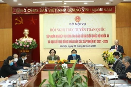 Quang cảnh Hội nghị trực tuyến tập huấn công tác kiểm tra, giám sát bầu cử Đại biểu Quốc hội khóa XV, Đại biểu Hội đồng Nhân dân các cấp nhiệm kỳ 2021-2026. (Ảnh: Văn Điệp/TTXVN)