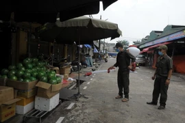 Phun thuốc khử khuẩn tại các khu vực trong chợ nhằm ngăn chặn lây nhiễm dịch COVID-19. (Ảnh: Mạnh Khánh/TTXVN)