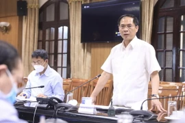 Bộ trưởng Bộ Ngoại giao Bùi Thanh Sơn, Tổ trưởng Tổ công tác của Chính phủ về ngoại giao vaccine phát biểu. (Ảnh: Lâm Khánh/TTXVN)
