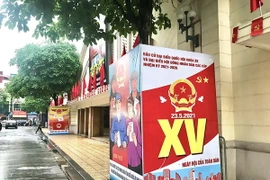 Pano, cờ đỏ rực rỡ tuyên truyền về Ngày bầu cử. (Ảnh: Hồng Thắm/TTXVN)