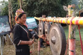 Bà Lữ Thị Loan bên dàn chiêng mừng năm mới. (Ảnh: Minh Thu/Vietnam+)