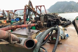 Tang vật và các tàu khai thác cát trái phép bị bắt giữ. (Ảnh: Đức Hiếu/TTXVN)