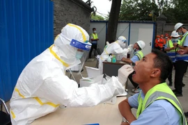 Nhân viên y tế lấy mẫu dịch xét nghiệm COVID-19 cho người dân tại Bắc Kinh, Trung Quốc ngày 17/6/2020. (Nguồn: THX/TTXVN)