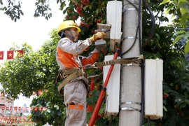 Công nhân Điện lực huyện Văn Bàn (Lào Cai) sửa chữa điện trên địa bàn thị trấn Khánh Yên. (Ảnh: Quốc Khánh/TTXVN)