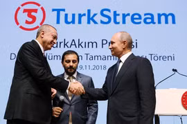 Tổng thống Nga Vladimir Putin và người đồng cấp Thổ Nhĩ Kỳ Tayyip Erdogan bắt tay nhau trong lễ khánh thành hệ thống đường ống dẫn khí đốt tới nam châu Âu. (Nguồn: Reuters)