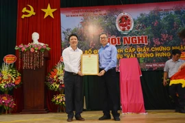 Trao giấy chứng nhận đăng ký nhãn hiệu tập thể "Vải trứng Hưng Yên" cho Giám đốc Sở Khoa học và Công nghệ tỉnh Hưng Yên, Trần Tùng Chuẩn. (Ảnh: Đinh Tuấn/TTXVN) 
