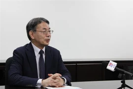 Giáo sư Hirofumi Takada, Phó Chủ tịch Viện Nghiên cứu Chính sách Quốc gia Nhật Bản (GRIPS), trả lời phỏng vấn của phóng viên TTXVN. (Ảnh: Phạm Tuân/TTXVN)