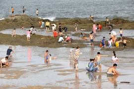 Du khách tắm biển tại bãi biển Thương Chánh, thành phố Phan Thiết. (Ảnh: Nguyễn Thanh/TTXVN)
