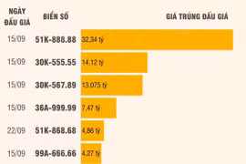 Những biển số ôtô được trả giá cao nhất thông qua đấu giá trực tuyến.