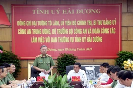 Đại tướng Tô Lâm, Ủy viên Bộ Chính trị, Bí thư Đảng ủy Công an Trung ương, Bộ trưởng Bộ Công an, phát biểu tại buổi làm việc. (Ảnh: Mạnh Tú/TTXVN)
