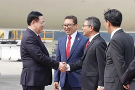 Các quan chức Indonesia đón Chủ tịch Quốc hội Vương Đình Huệ tại Sân bay Quốc tế Soekarno Hatta, thủ đô Jakarta. (Ảnh: Doãn Tấn/TTXVN)