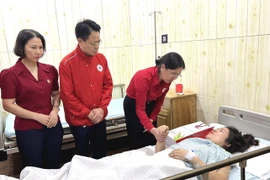 Sáng 14/9, Trung ương Hội Chữ thập đỏ Việt Nam tổ chức 2 đoàn công tác do Phó Chủ tịch Huỳnh Thị Xuân Lam và Phó Chủ tịch Nguyễn Hải Anh làm Trưởng đoàn đến thăm hỏi, động viên các nạn nhân vụ cháy chung cư mini đang điều trị tại các bệnh viện. (Ảnh: TTXV