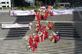Bà con Việt kiều tại Hà Lan xếp hình đất nước Việt Nam với quần đảo Trường Sa và Hoàng Sa tại Ngày hội 'Dáng hình Việt Nam.' (Ảnh: TTXVN phát)