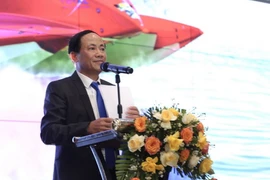 Chủ tịch Ủy ban Nhân dân tỉnh Bình Định Phạm Anh Tuấn phát biểu tại buổi họp báo. (Ảnh: Lê Phước Ngọc/TTXVN)