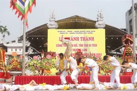 Các thanh niên tái hiện cảnh Lột rắn độc đáo tại Lễ hội đình Trường Lâm. (Ảnh: TTXVN phát)