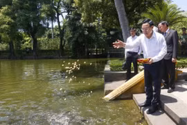 Chủ tịch Quốc hội Vương Đình Huệ thăm ao cá Bác Hồ trong Khu Di tích Chủ tịch Hồ Chí Minh. (Ảnh: Doãn Tấn/TTXVN)