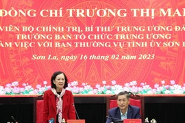 Bà Trương Thị Mai, Ủy viên Bộ Chính trị, Bí thư Trung ương Đảng, Trưởng Ban Tổ chức Trung ương, phát biểu tại buổi làm việc với Ban Thường vụ Tỉnh ủy Sơn La. (Ảnh: Nguyễn Cường/TTXVN)