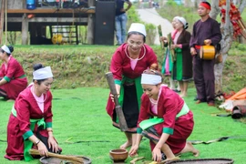 Trong nhịp sống hối hả, nhà nhà vẫn giữ việc giã gạo hằng ngày như một phần tất yếu của cuộc sống, vừa để bữa cơm thêm ngon, vừa lưu lại nét đẹp văn hóa của người Thổ tự bao đời. (Ảnh: Tuấn Đức/TTXVN)