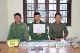 Các đối tượng Cà Văn Tiến, Cà Văn Tướng, Quàng Văn Dương và tang vật vụ án. (Ảnh: TTXVN phát)