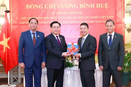 Chủ tịch Quốc hội Vương Đình Huệ trao tập sách tượng trưng (tủ sách về Bác Hồ) cho Đại sứ và đại diện cộng đồng. (Ảnh: Doãn Tấn/TTXVN)