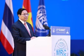 Thủ tướng Phạm Minh Chính phát biểu tại Phiên toàn thể Hội nghị cấp cao Ủy hội sông Mekong quốc tế lần thứ tư. (Ảnh: Dương Giang/TTXVN)