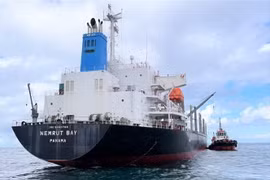 Lực lượng cứu hộ tiếp cận tàu hàng Nemrut Bay. (Ảnh: TTXVN phát)