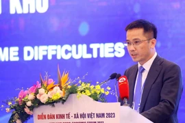 Phó Tổng Thư ký kiêm Trưởng ban Pháp chế Liên đoàn Thương mại và Công nghiệp Việt Nam (VCCI) Đậu Anh Tuấn trình bày tham luận. (Ảnh: Văn Điệp/TTXVN)