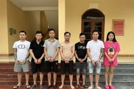 Bảy đối tượng sử dụng ma túy bị công an huyện Hải Hà, tỉnh Quảng Ninh tạm giữ để điều tra, xử lý theo quy định. (Ảnh: TTXVN phát)