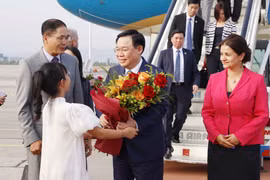 Bà Rositsa Kirova, Phó Chủ tịch Quốc hội Bulgaria (phải), Đại sứ Đỗ Hoàng Long (trái) đón Chủ tịch Quốc hội Vương Đình Huệ tại Sân bay Quốc tế Sofia. (Ảnh: Doãn Tấn/TTXVN)