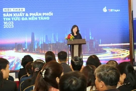 Bà Nguyễn Thị Thu Hiền, Phó Tổng Giám đốc Đài Truyền hình Việt Nam, phát biểu tại một hội thảo trong khuôn khổ Liên hoan Truyền hình Toàn quốc lần thứ 41. (Ảnh: Minh Thu/TTXVN)