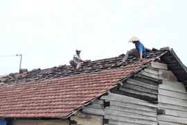 Người dân huyện Đạ Tẻh khắc phục hậu quả sau trận lốc xoáy. (Ảnh: Nguyễn Dũng/TTXVN)