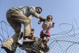 Người di cư Syria cố vượt qua hàng rào dây thép gai để vào lãnh thổ Thổ Nhĩ Kỳ. (Nguồn: AFP/TTXVN)