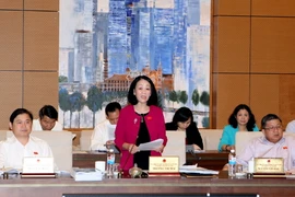 Chủ nhiệm Ủy ban về các Vấn đề xã hội của Quốc hội Trương Thị Mai phát biểu ý kiến. (Ảnh: Phạm Kiên/TTXVN)