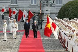 Thủ tướng Nhật Bản Shinzo Abe và Tổng Bí thư Nguyễn Phú Trọng duyệt đội danh dự. (Ảnh: Trí Dũng/TTXVN)